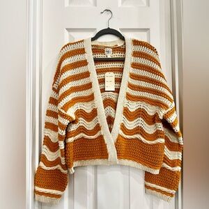 Ivory & Pumpkin Mustard Crochet-Chunky Knit Oversized Cropped Cardigan/Sweater.